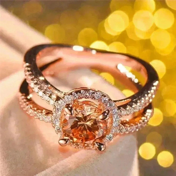 Beautiful 14k Rose Gold Over Sterling Silver 2ct Champagne Diamond Halo Ring - Picture 5 of 6